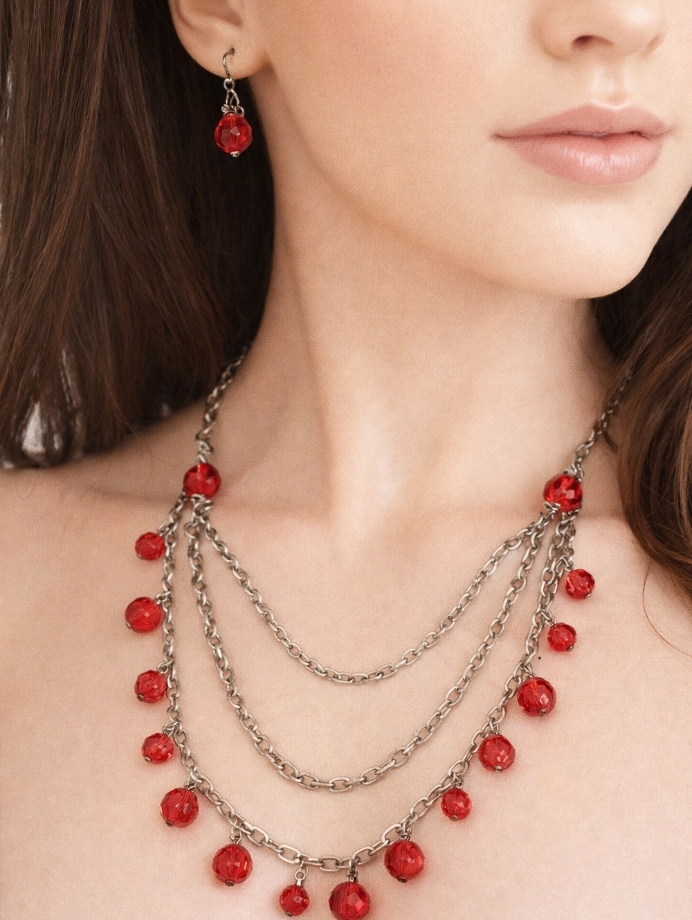 Women's Layered Silver tone & Pink Drop Beaded Necklace with Matching Earrings